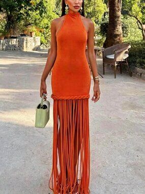 Orange Sexy Women's Tassel Twist Knot Backless Bodycon Dress